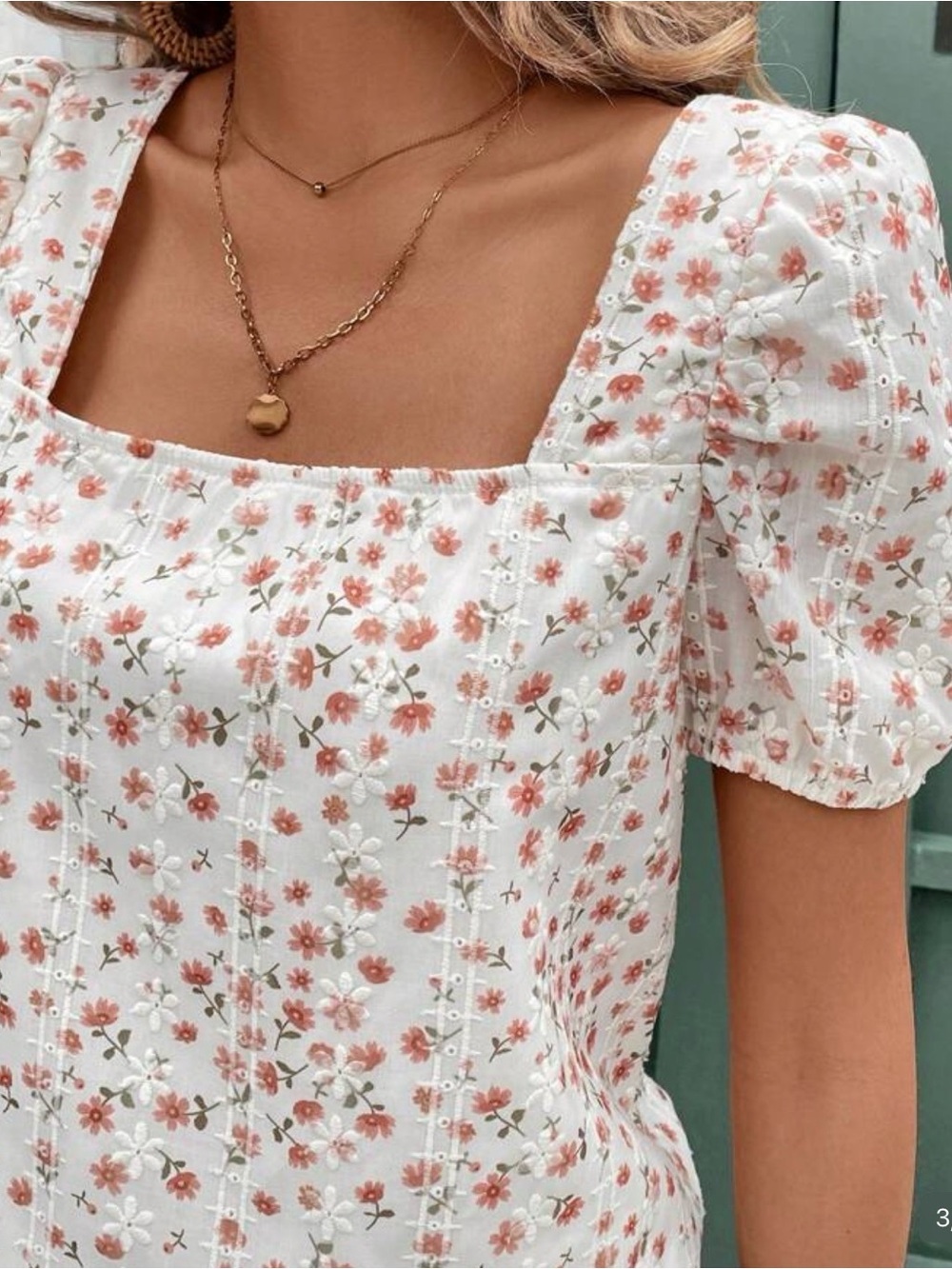 Floral Square-Neck Puff Sleeve Top — Cream with Pink Floral Print
